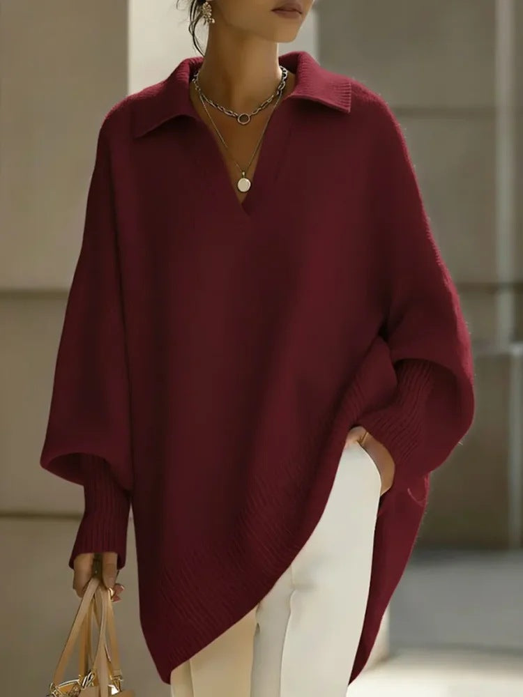 Lapel-collar Loose-fit Solid-color Sweater with Lantern Sleeves