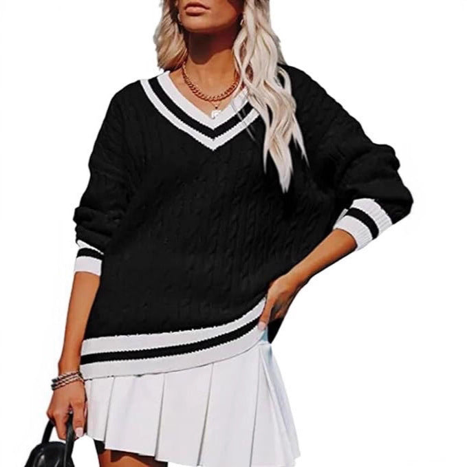 New Womens Fall V-neck Loose-fit Casual Color-block Cable-knit Sweater