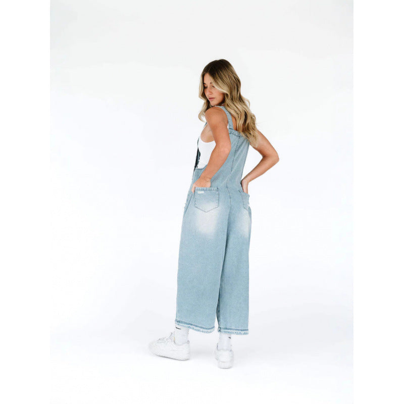 Vintage Distressed Wide-Leg Denim Suspender Pants
