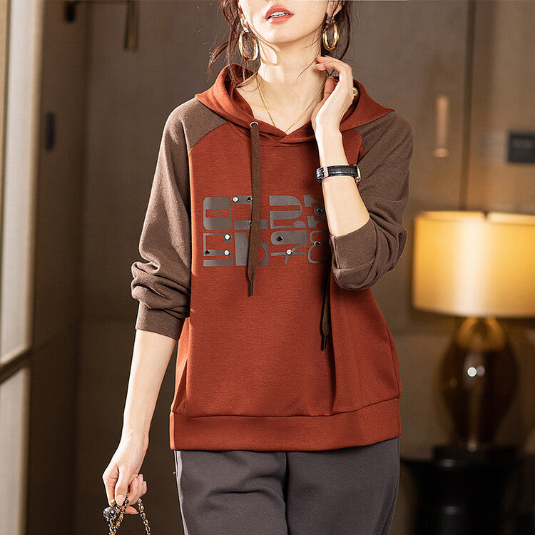 Women's Colorblock Pullover Hoodie with Letter Print