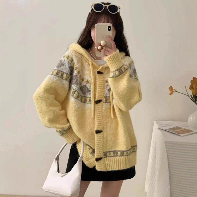 Loose and Lazy Style Horn Button Knitted Cardigan