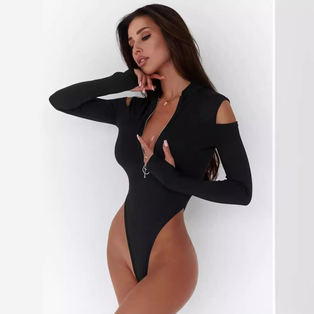 Solid Color Off-Shoulder Bodycon Zipper Long-Sleeve Sexy Chic Base Layer Jumpsuit