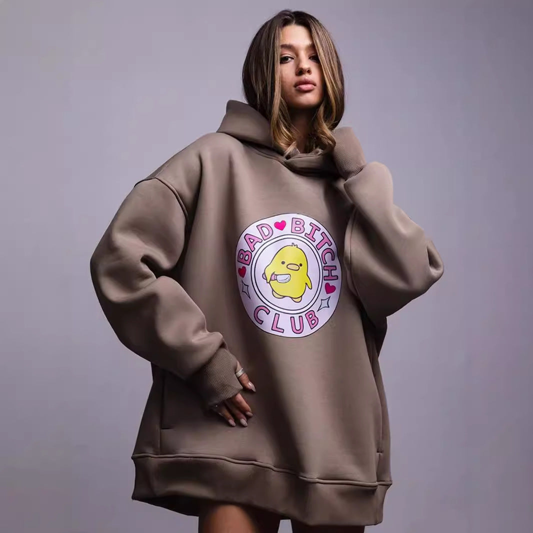 Cute Yellow Duck Print Oversized Cotton Hoodie