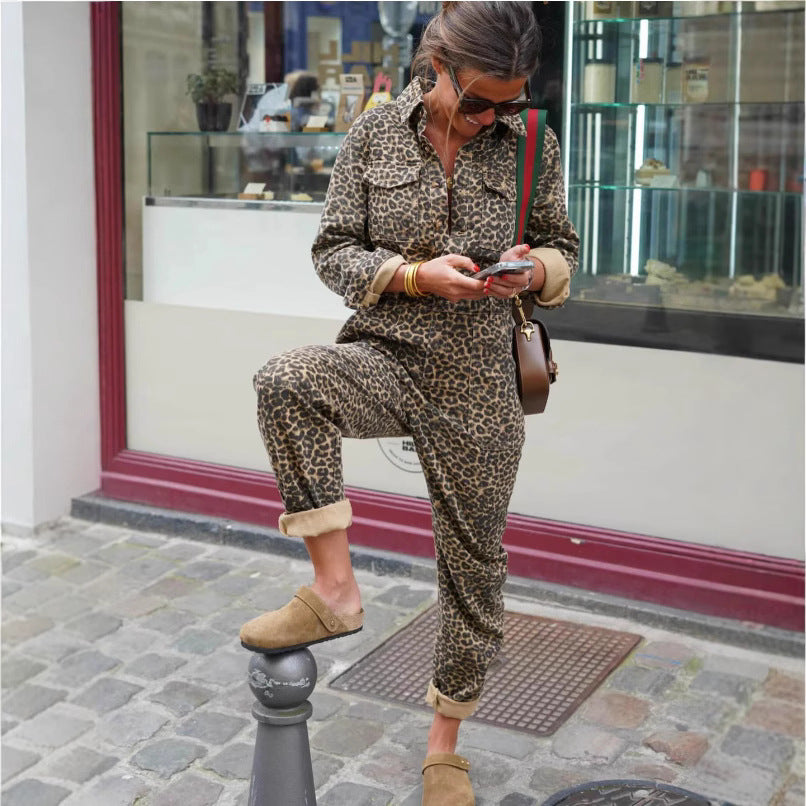 Chic Leopard Print Corduroy Pajama Set