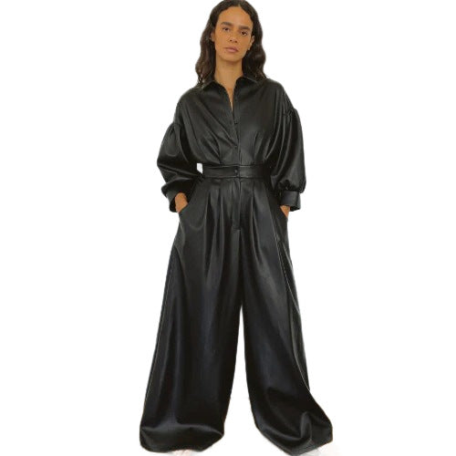 Black PU Retro Loose Leather Pocket Jumpsuit