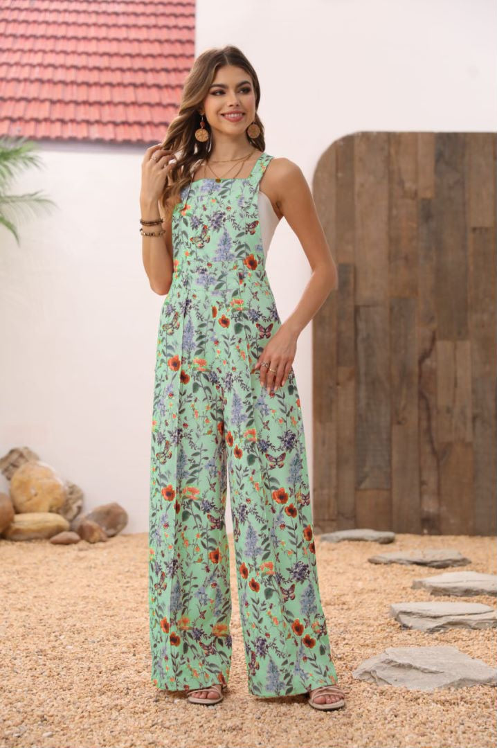 Floral Print Button Wide Leg Jumpsuit