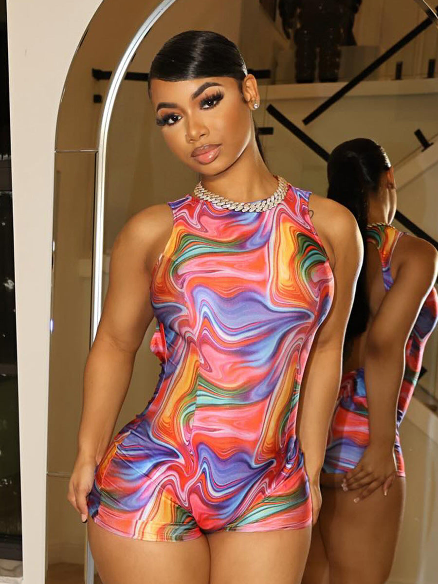 Women's Hollow Round Neck Sleeveless One-piece Shorts