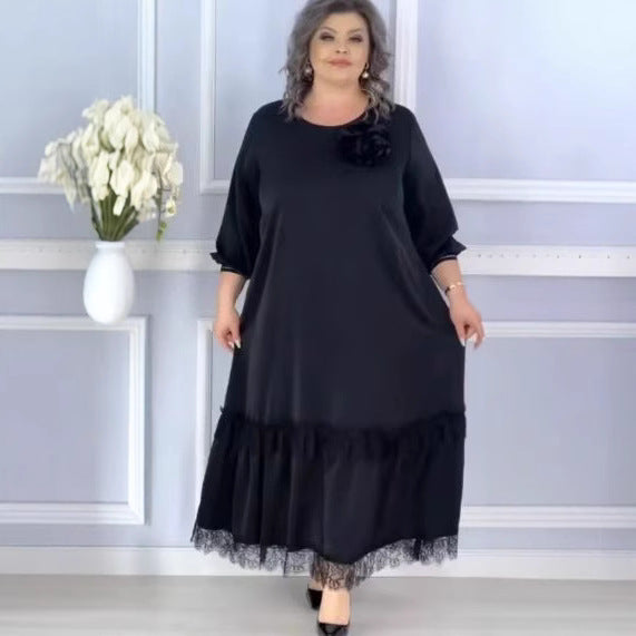 Plus Size Solid Color Mesh A-Line Mid-Length Dress