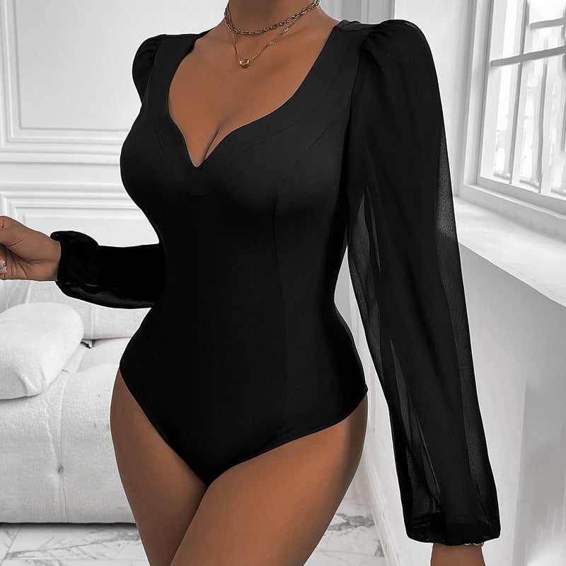 Women's Mesh V-Neck Patchwork Romper
