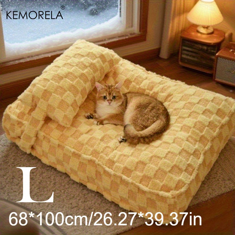 Kemorela Extra Small, Medium & Large Dog & Cat Sofa Bed - Ultra-Warm Removable Washable Pet Bed With Pillows, Soft Coral Fleece High Rebound, Square Cozy Bed For Small Dogs & Cats, Autumn & Winter Use