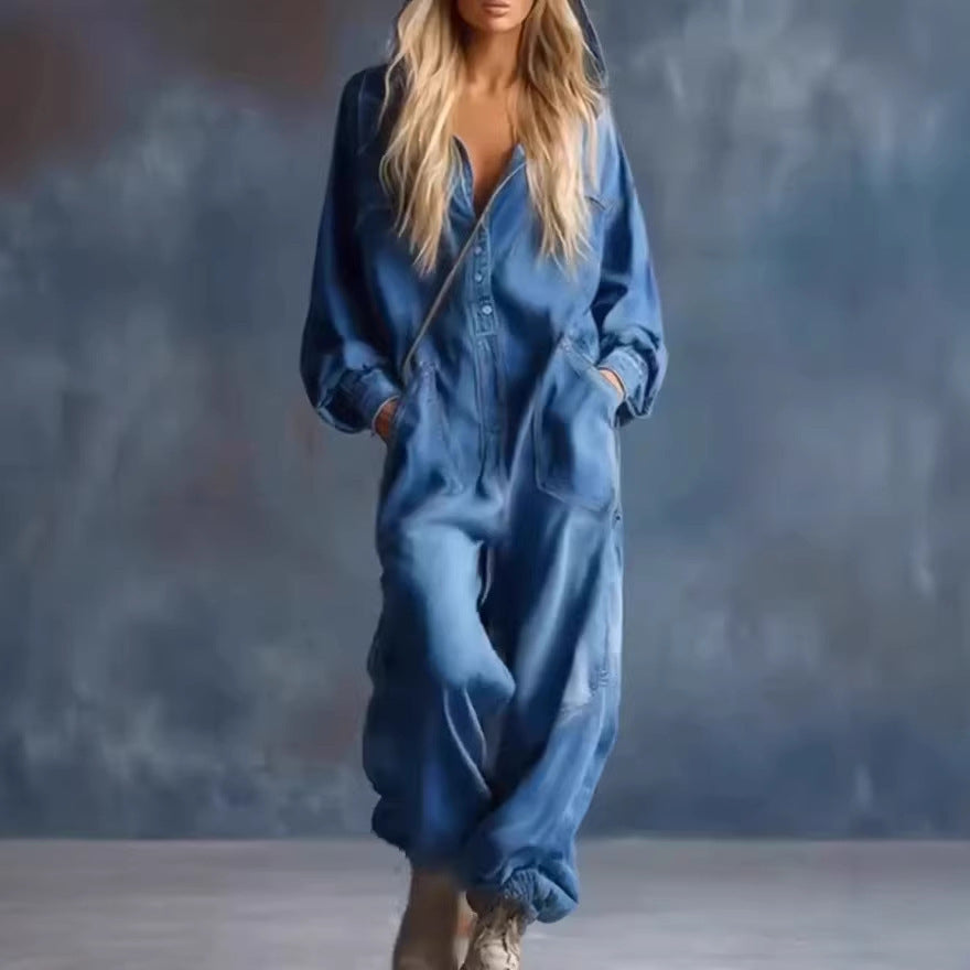 Plus-Size Hooded Denim Overalls with Pockets
