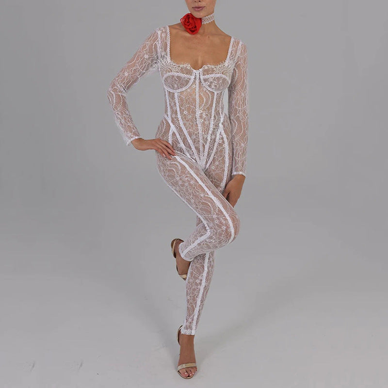 Lace Stitching Sexy Temptation Low-cut Jumpsuit