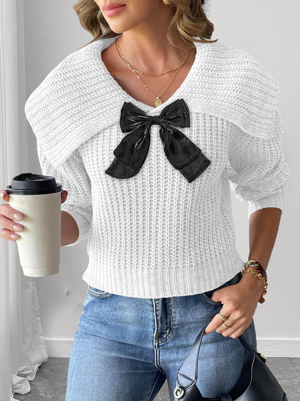 Women's Large Lapel Bow Splicing Pullover Sweater