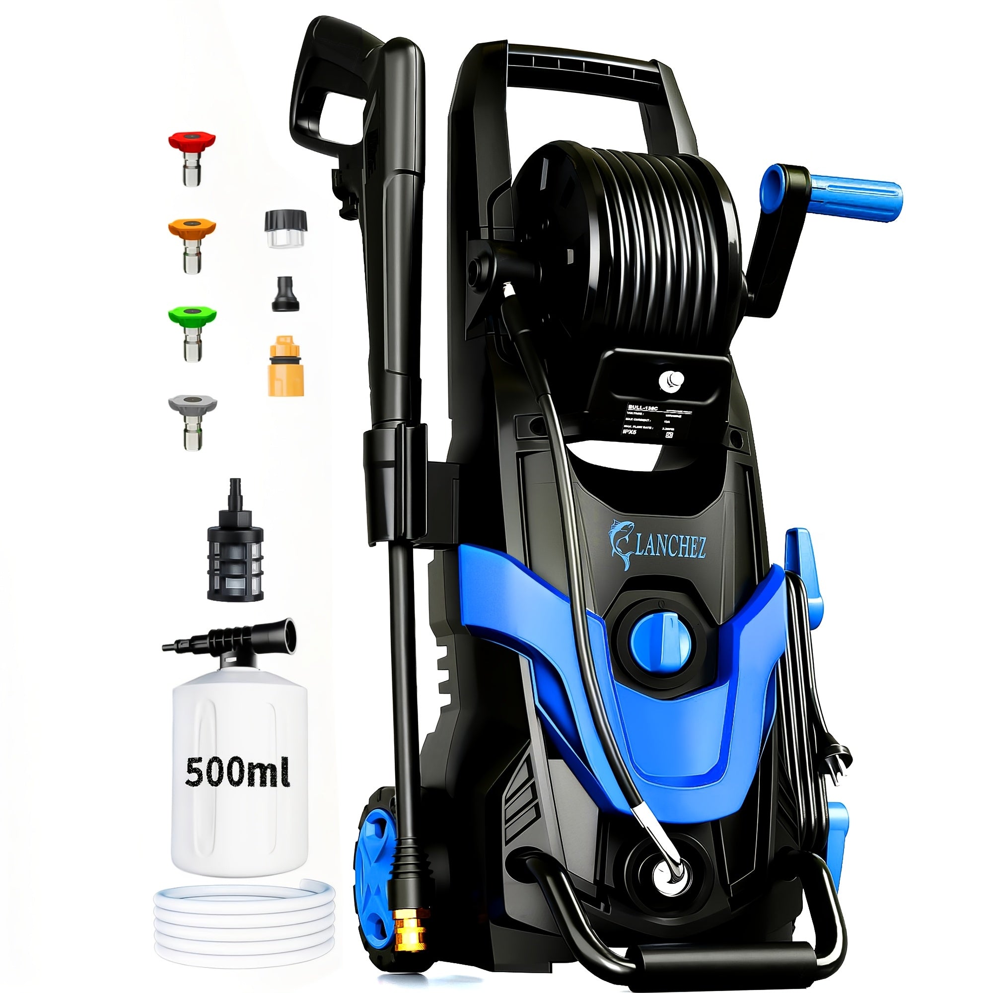 4800 PSI Electric High-Pressure Washer with IPX5 Rating, 16.9 oz Foam Cannon, 6 Quick-Connect Nozzles, 35 ft Hose and Water Filter