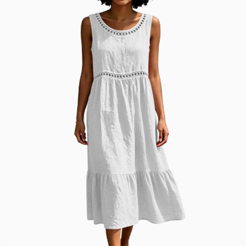 New Lace Casual Round-neck Solid-color Sleeveless Cotton-linen Dress for Women