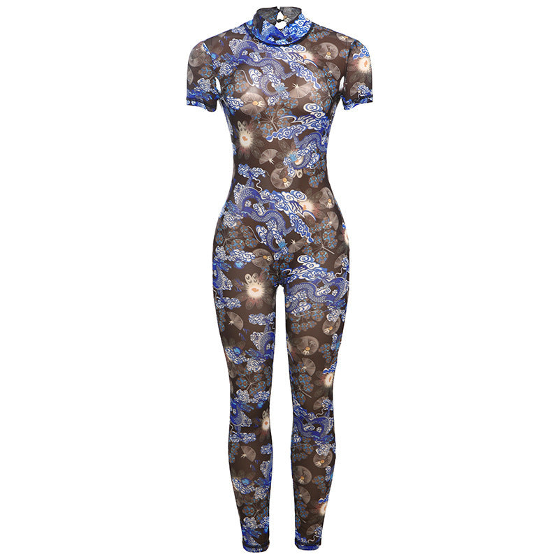 Sexy Backless Hollow-Out Turtleneck Printed Jumpsuit