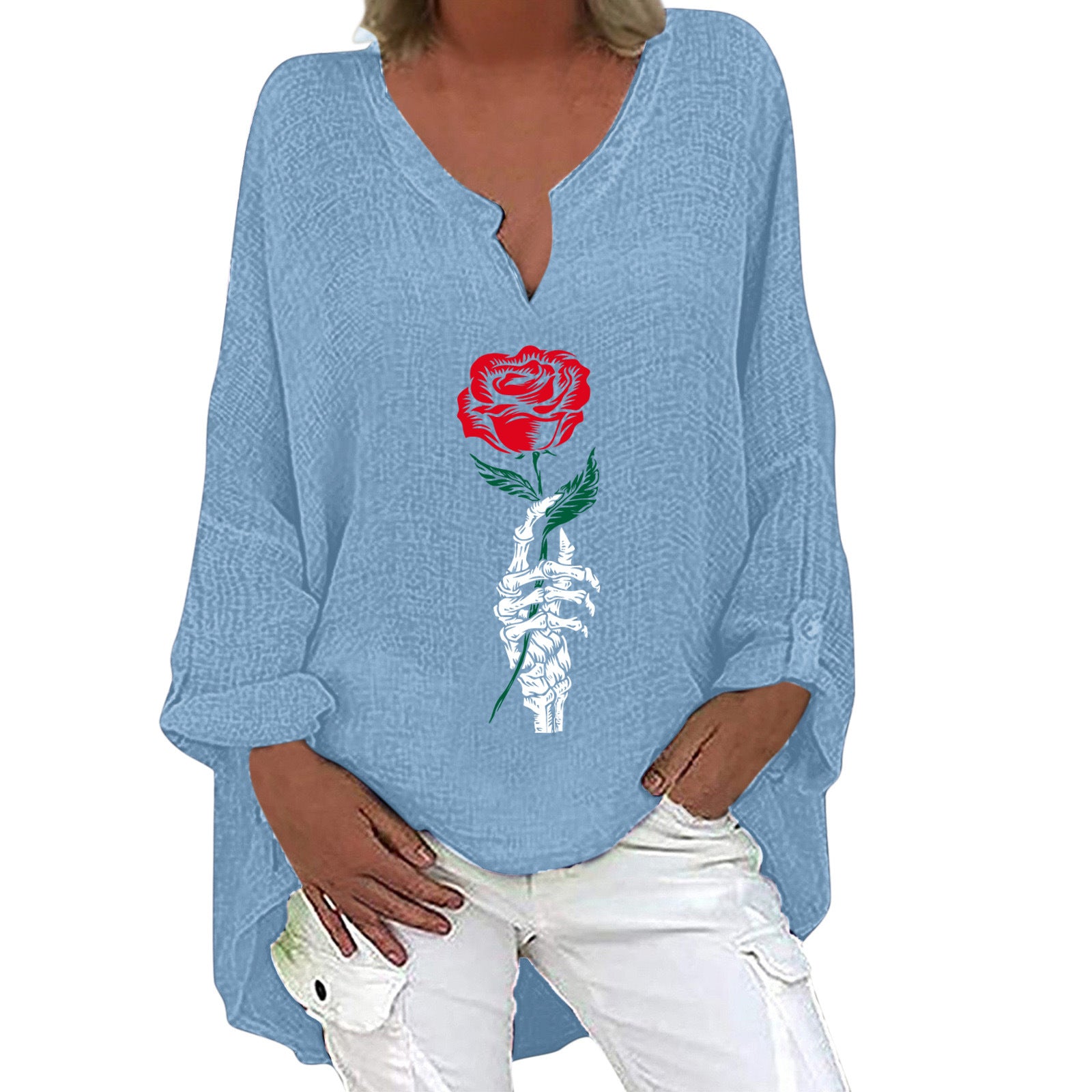 Women's Halloween V-Neck Cotton Linen Long Sleeve Shirt