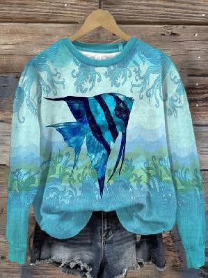 Trendy Digital Print Drop-Shoulder Long-Sleeve Sweater