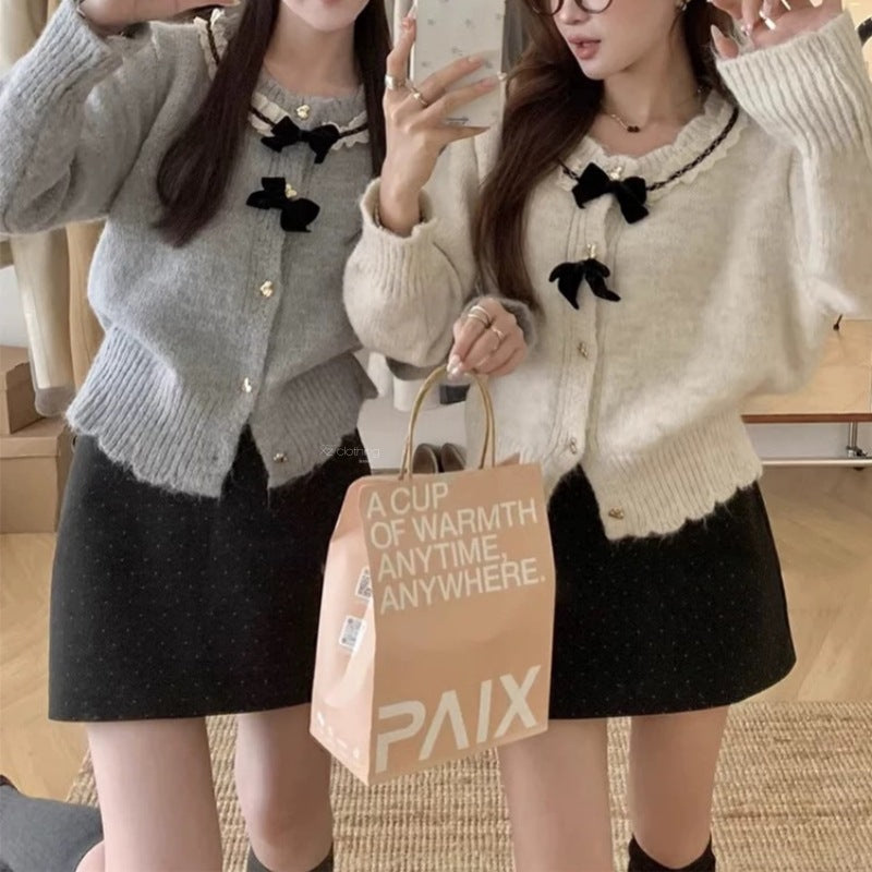 Women's Round Neck Lace Bow Sweater Coat
