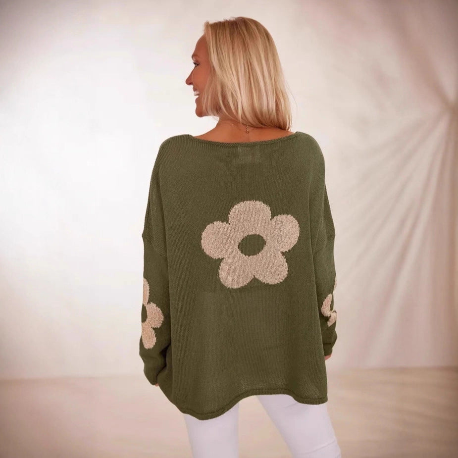 Graceful Floral Jacquard-knit Loose-fitting Crew-neck Pullover