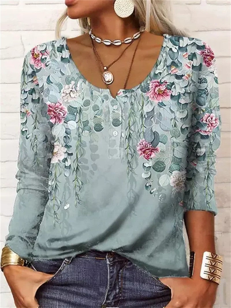 Women's Floral Geometric Long-Sleeve Button U-Neck Top