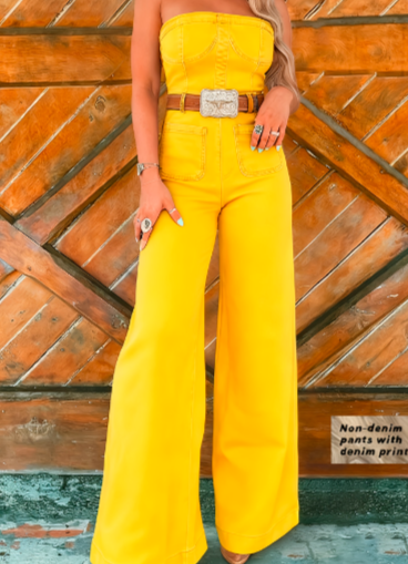 Denim Print Wide-Leg Tube Jumpsuit