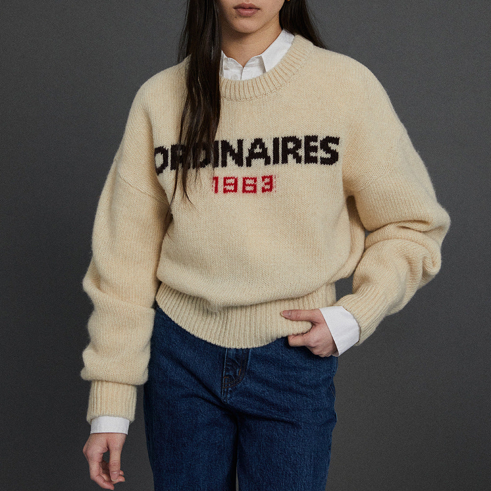 Retro Alphabet Knit Sweater Cozy Casual Crewneck Pullover