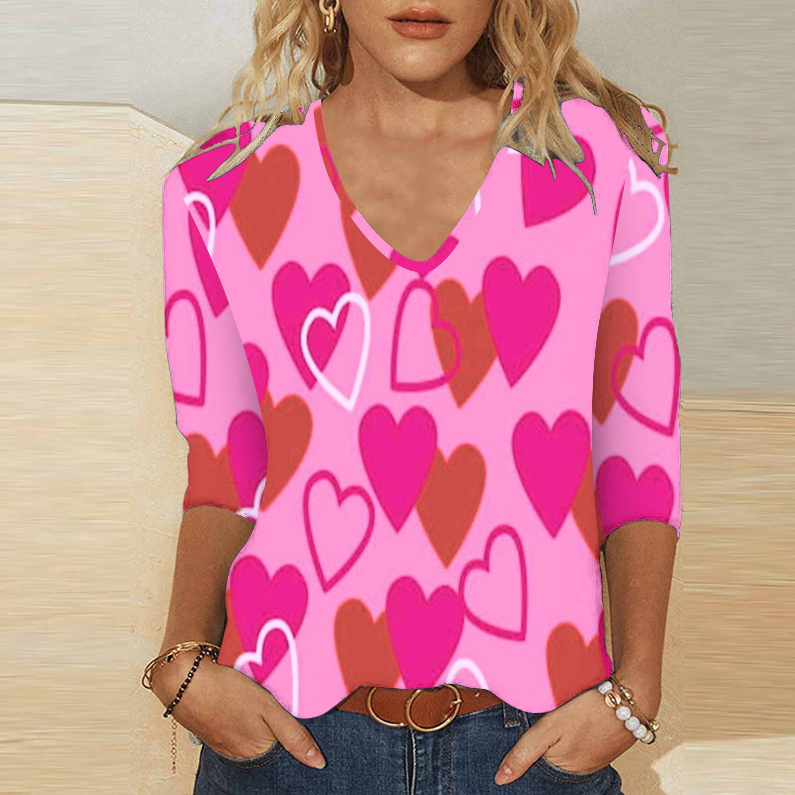 Cute Valentine's Heart V-Neck 3/4 Sleeve Casual T-Shirt