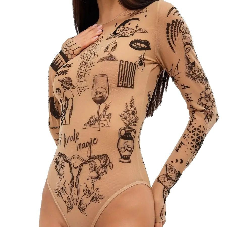 European And American-style Patterned Sexy Spicy Girl Sheer Long-sleeve Bodycon Jumpsuit For Women