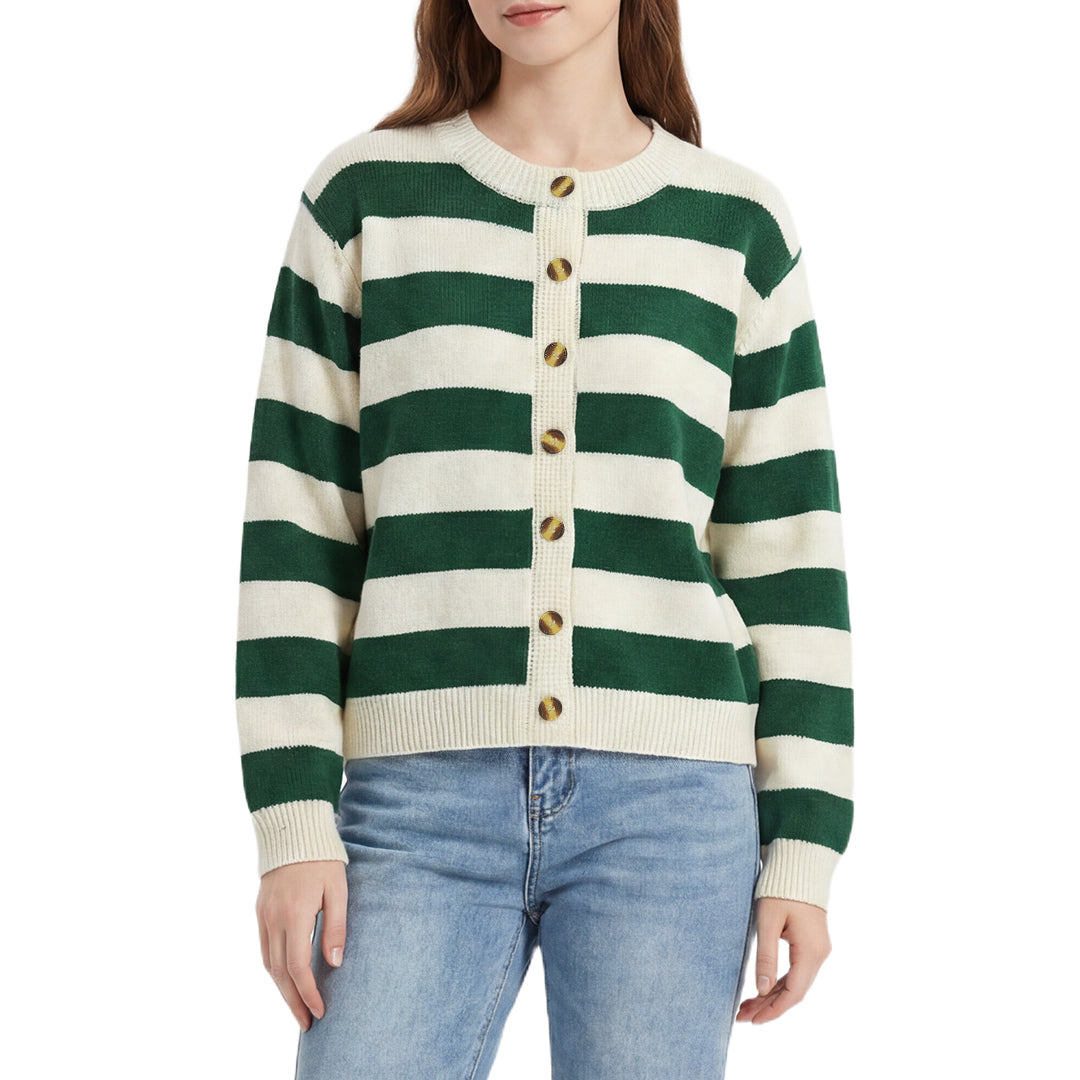 Women's Striped Knit Cardigan Green White Crewneck Button Up Sweater Casual Long Sleeve Knitwear