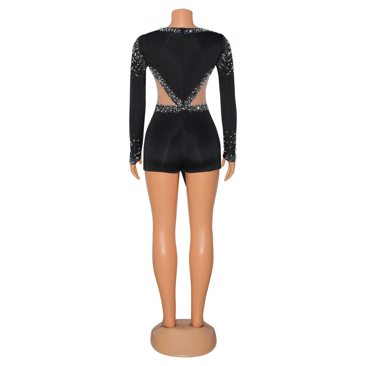 V-neck Rhinestone Tight Long Sleeve Jumpsuit