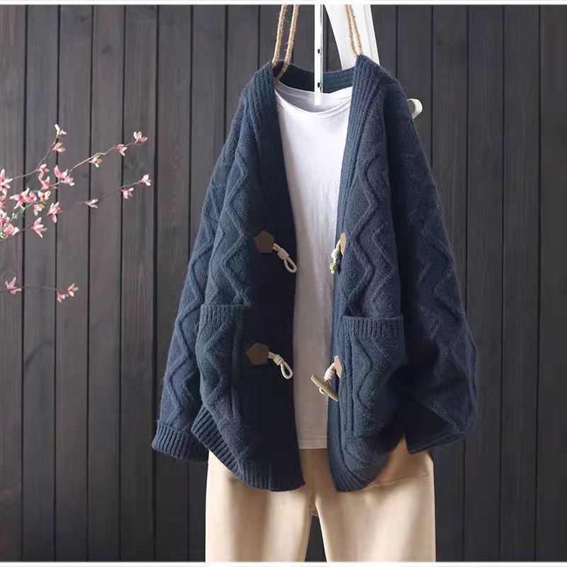 Loose Western Style All-match Horn Button Sweater for Women