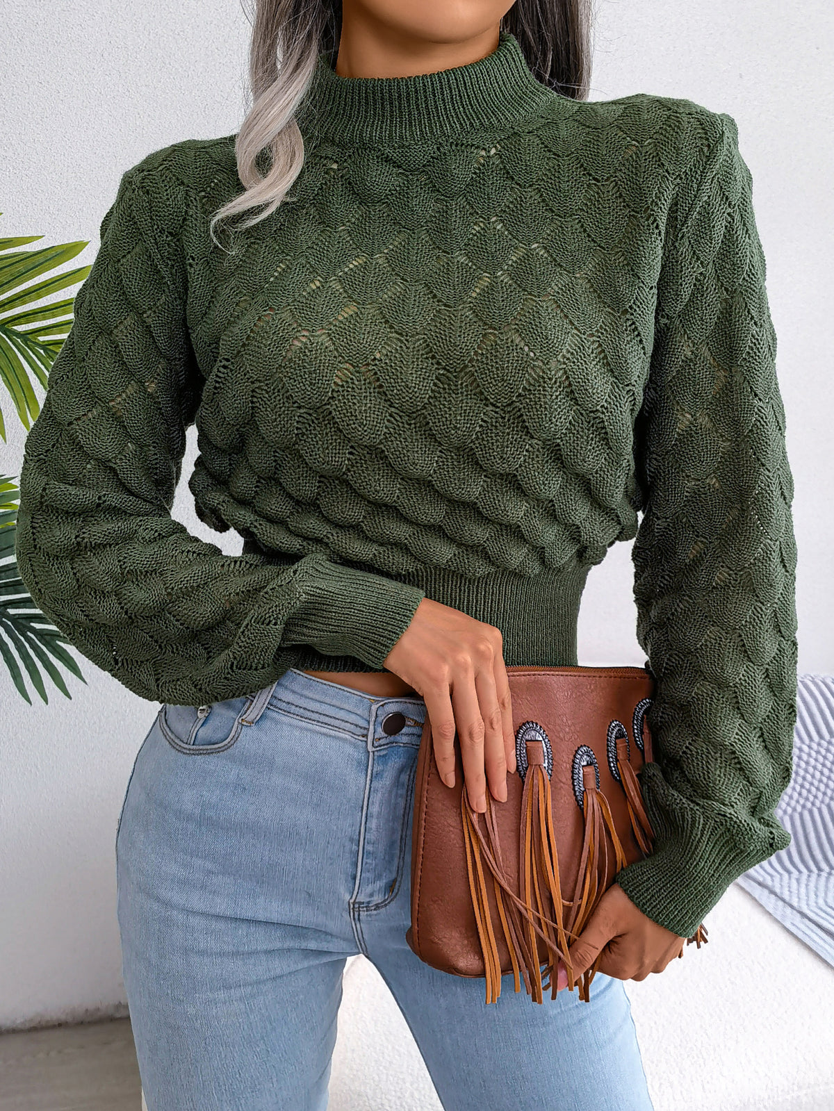 Women 3d Diamond Knit Long Sleeve Cropped Sweater