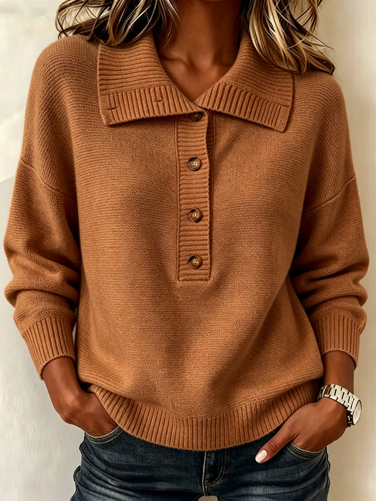 American-style Vintage-buttoned Half-zip Turtleneck Loose-fit Casual Womens Sweater