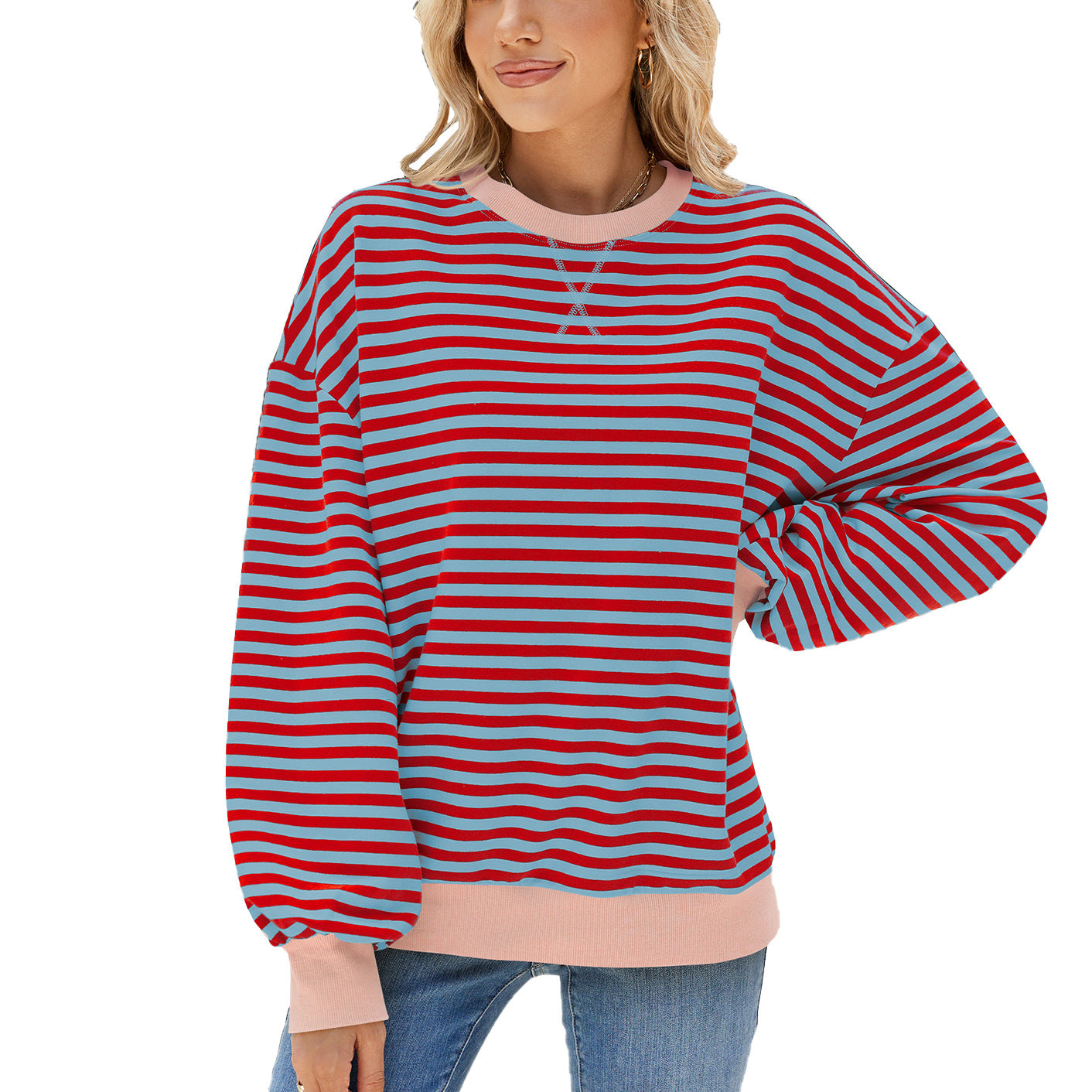 Women's Striped Round Neck Loose Long Sleeve Sweatshirt