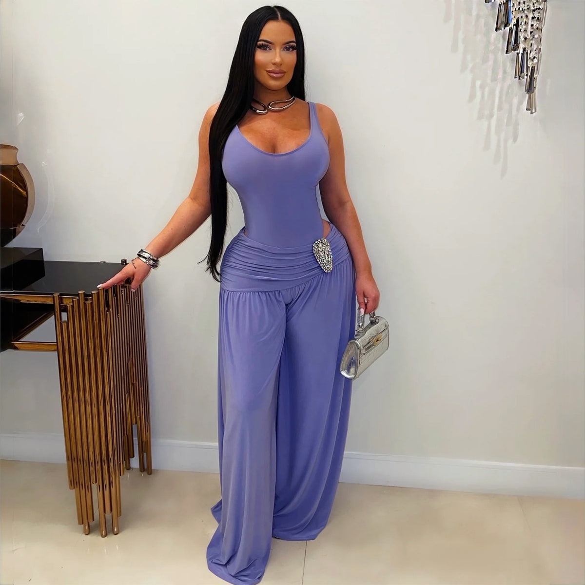 Women's Solid U-Neck High-Waist Wide-Leg Jumpsuit