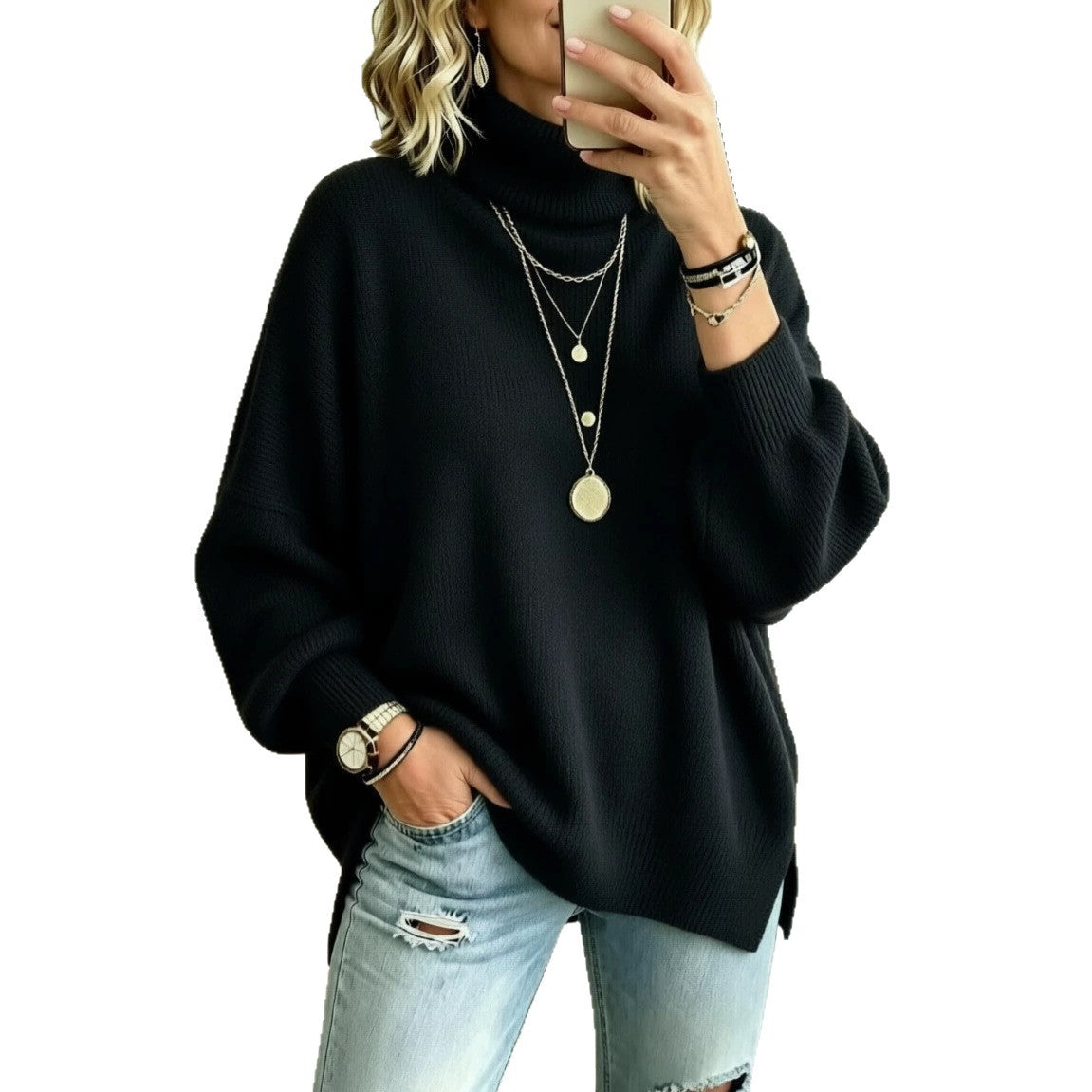 Womens Turtleneck Knitted Long-sleeve Sweater