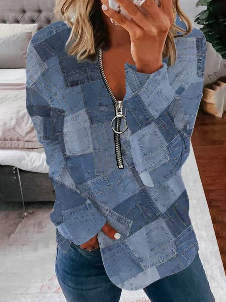 Floral Print Zip-Neck Pullover Sweater