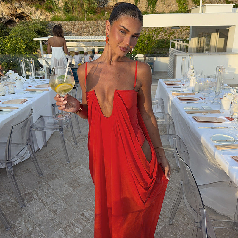 Women's Sheer Mesh Patchwork Maxi Slip Dress