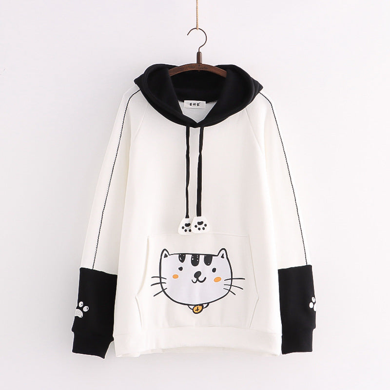 Cute Cat & Fish Print Fleece Hoodie for Women