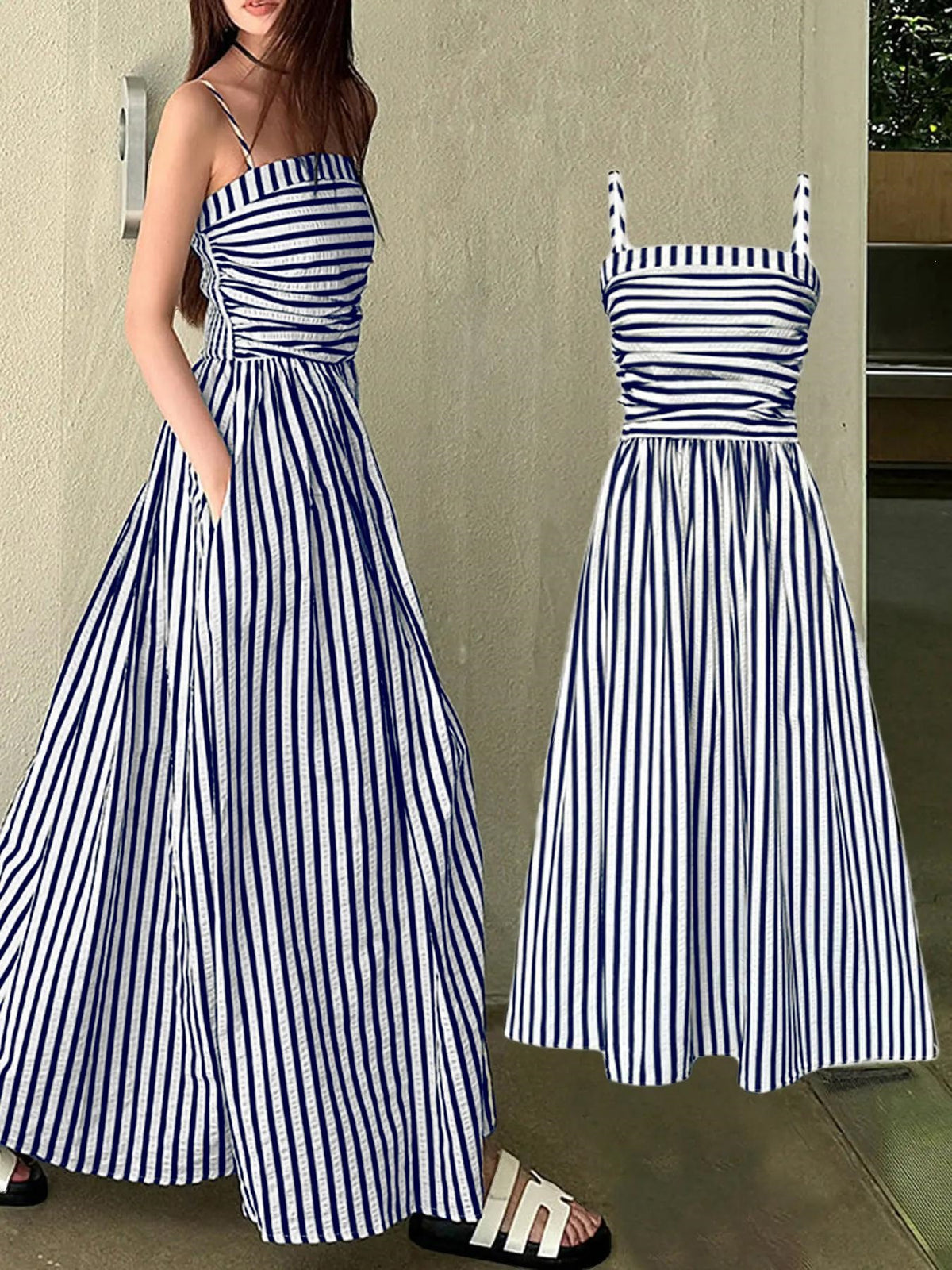 Elegant Striped Off-Shoulder Long Dress