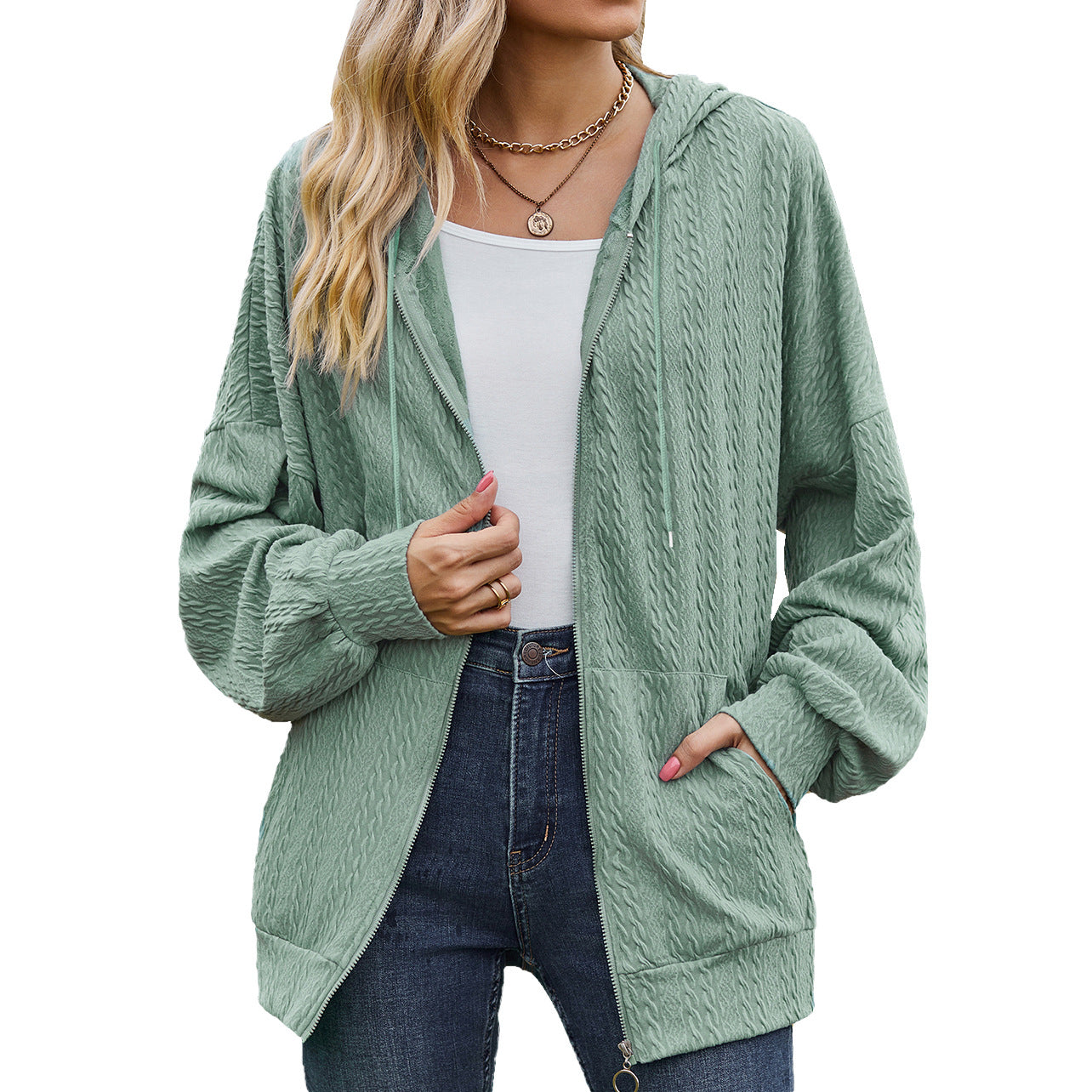 Women's V-Neck Zip-Up Loose Casual Sweater Coat