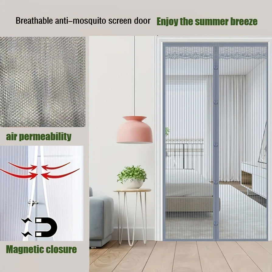 Magnetic Screen Door Curtain - Manual or Automatic Closing Mesh, White Stripe Design, Mosquito-proof Summer Breathable Partition, Suitable for Living Room, Bedroom, Garage, Kitchen - No Drilling Neede