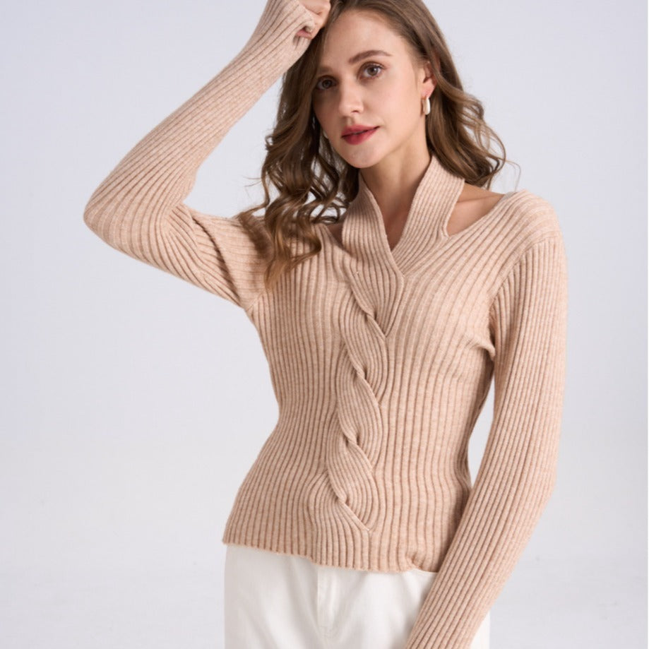 V-neck Cable Knit Sweater Turtleneck Ribbed Long-sleeve Top for Women