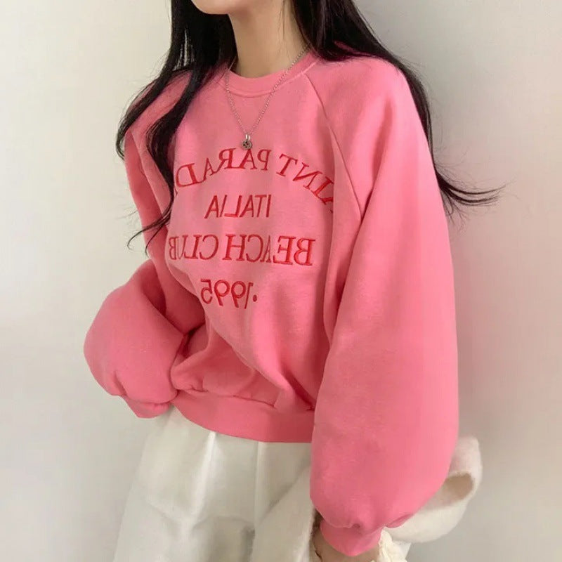 Embroidered Velvet Thick Round Neck Sweater for Women