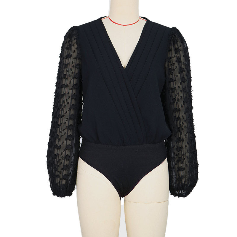European And American Women's V-neck See-through Sleeve Bodysuit