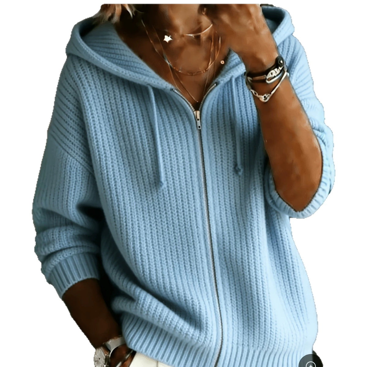 Relaxed Elegant Solid-color Soft and Casual Zip-up Hooded Knit Sweater