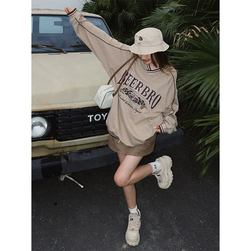 Embroidered Contrast V-Neck Racing Streetwear Top