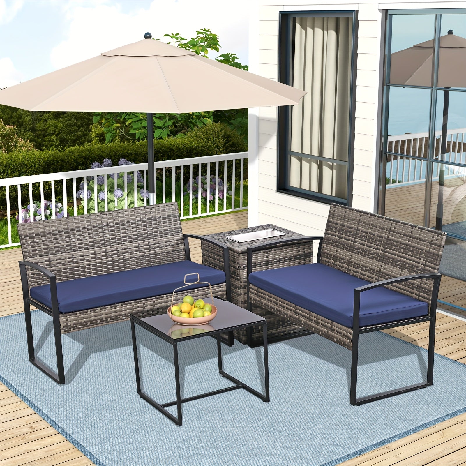 4pcs Outdoor Patio Furniture Set, Rattan Conversation Set Patio Sofa, Storage Box with Built-in Beverage Refrigeration Ice Bucket Box, Outdoor Coffee Table for Garden, Balcony, Porch