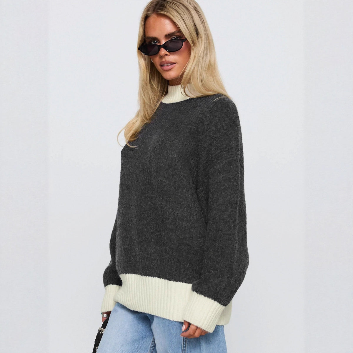 Loose Simple Casual Color-block Crewneck Long-sleeve Sweater for Women